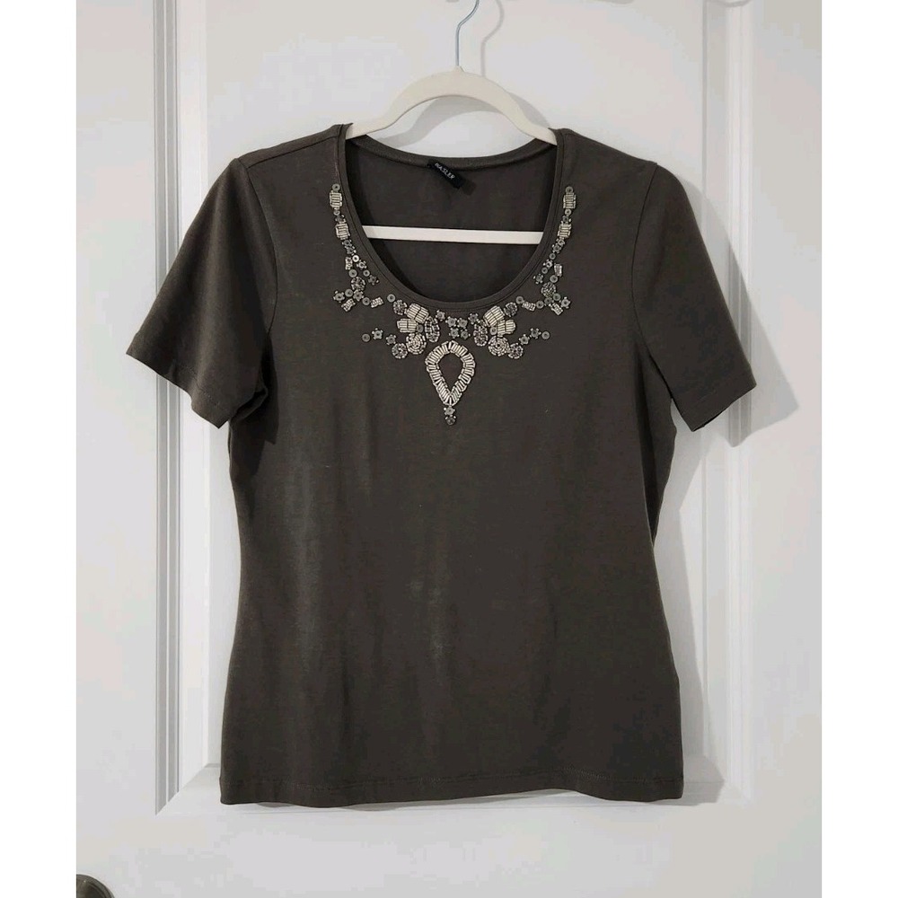 Basler Women's Beaded Top Short Sleeve Stretch‎ Cotton Embellished Green Size S
